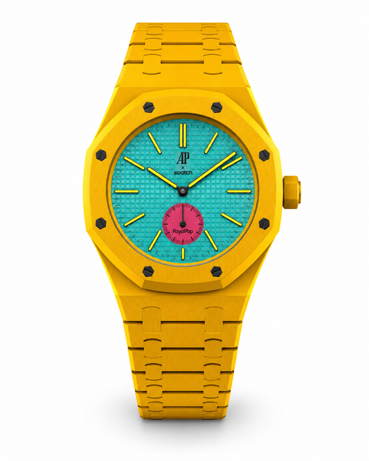 Vibrant Yellow Designer Sports Bracelet Watch with Turquoise Dial