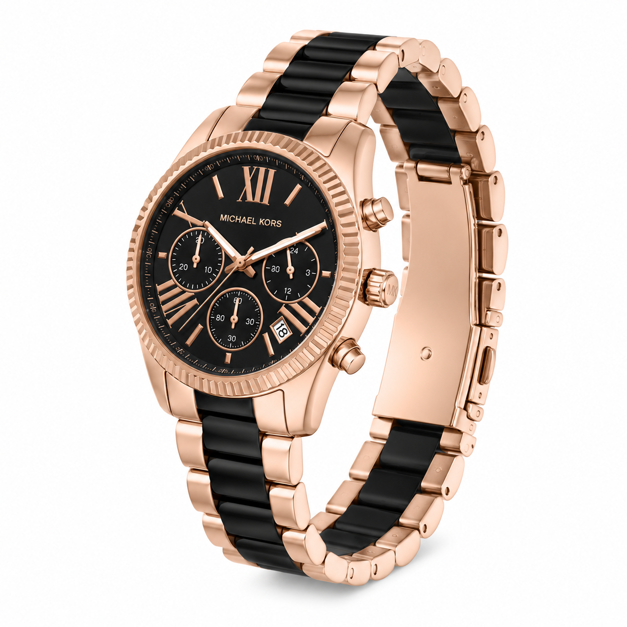 Rose Gold & Black Chronograph Watch with Date Display