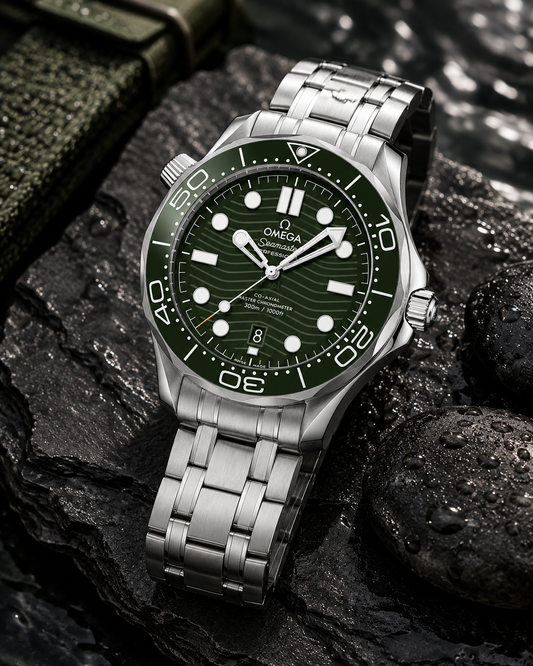 Emerald Green Wave Dial Diver Watch – Stainless Steel Luxury Sports Timepiece