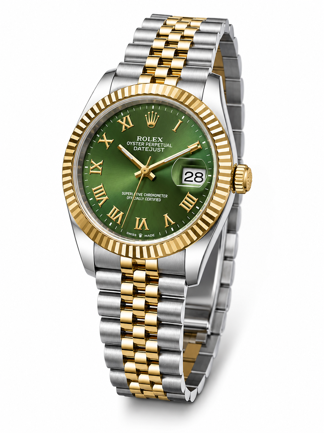 Green Sunburst Luxury Date Watch with Two-Tone Bracelet