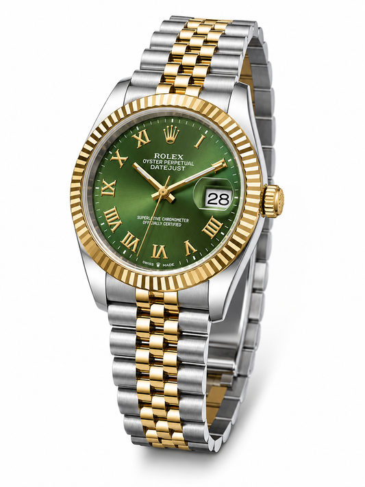 Green Sunburst Luxury Date Watch with Two-Tone Bracelet