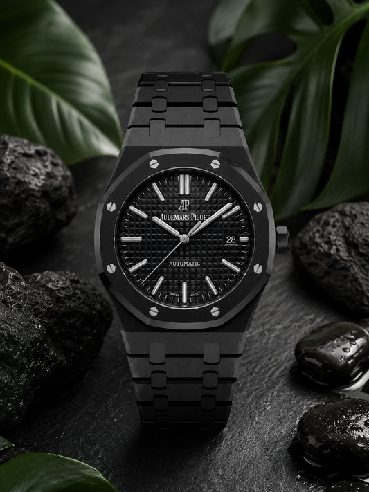 Obsidian Royale Automatic Watch – All-Black Waffle Dial & Integrated Bracelet Edition
