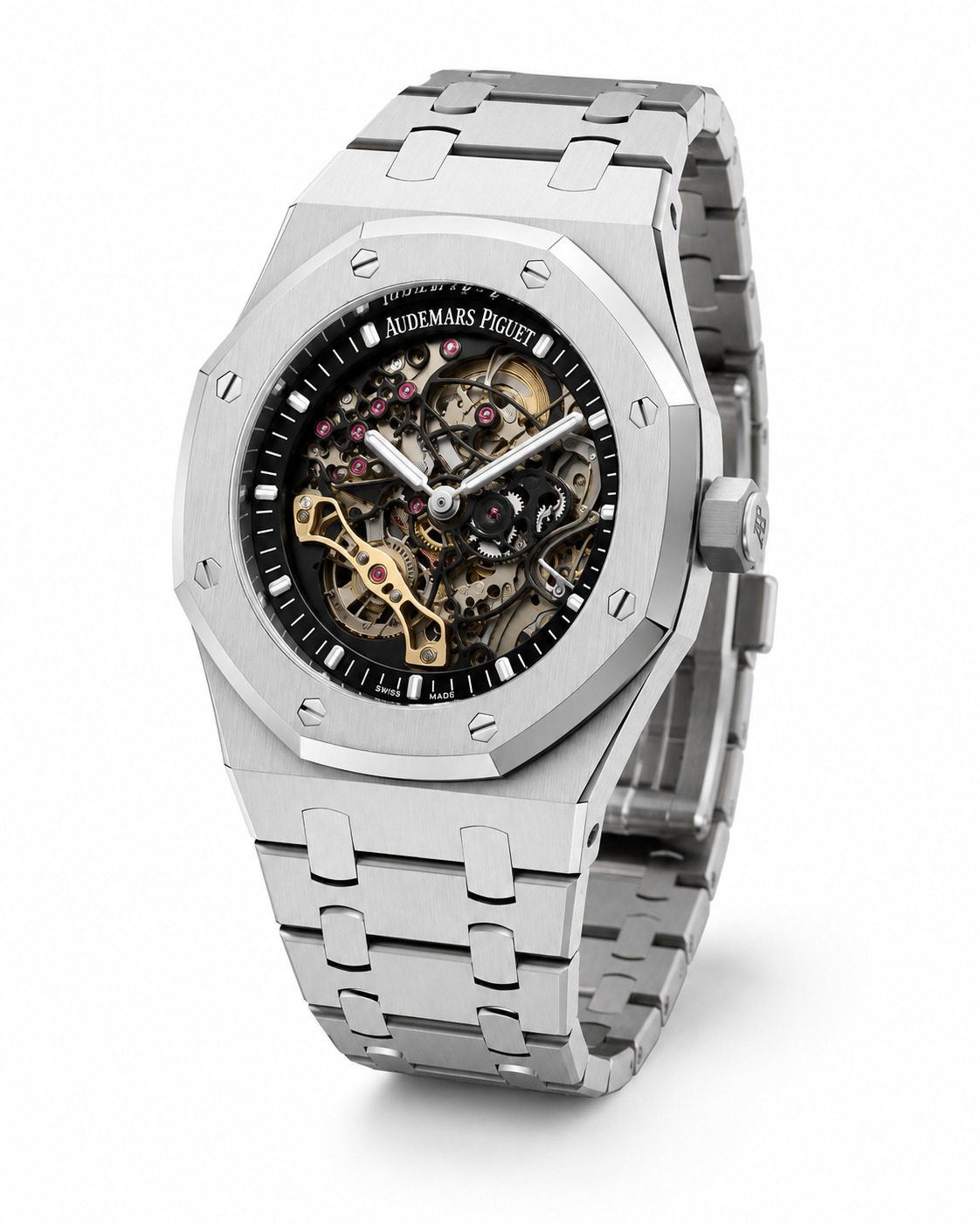 Silver Skeleton Automatic Luxury Watch – Open-Work Mechanical Movement & Integrated Stainless Steel Bracelet