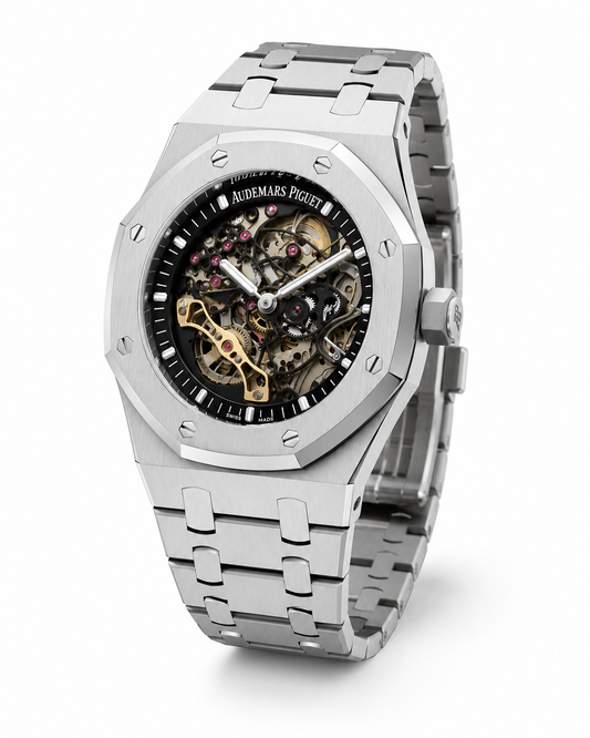 Silver Skeleton Automatic Luxury Watch – Open-Work Mechanical Movement & Integrated Stainless Steel Bracelet
