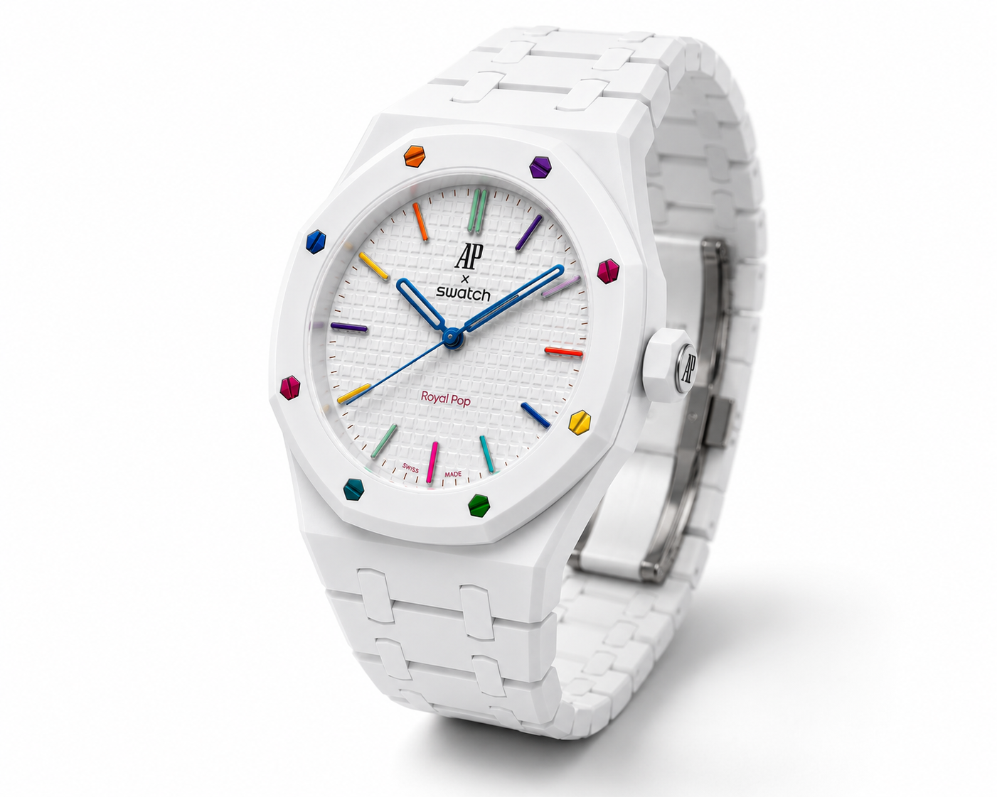 White Rainbow Edition Designer Bracelet Watch with Multicolor Accents