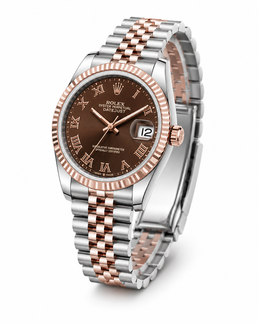 Rose Gold & Silver Two-Tone Luxury Date Watch with Chocolate Brown Dial