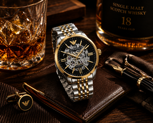Automatic Skeleton Watch – Two-Tone Stainless Steel Luxury Timepiece with Open-Heart Mechanical Movement
