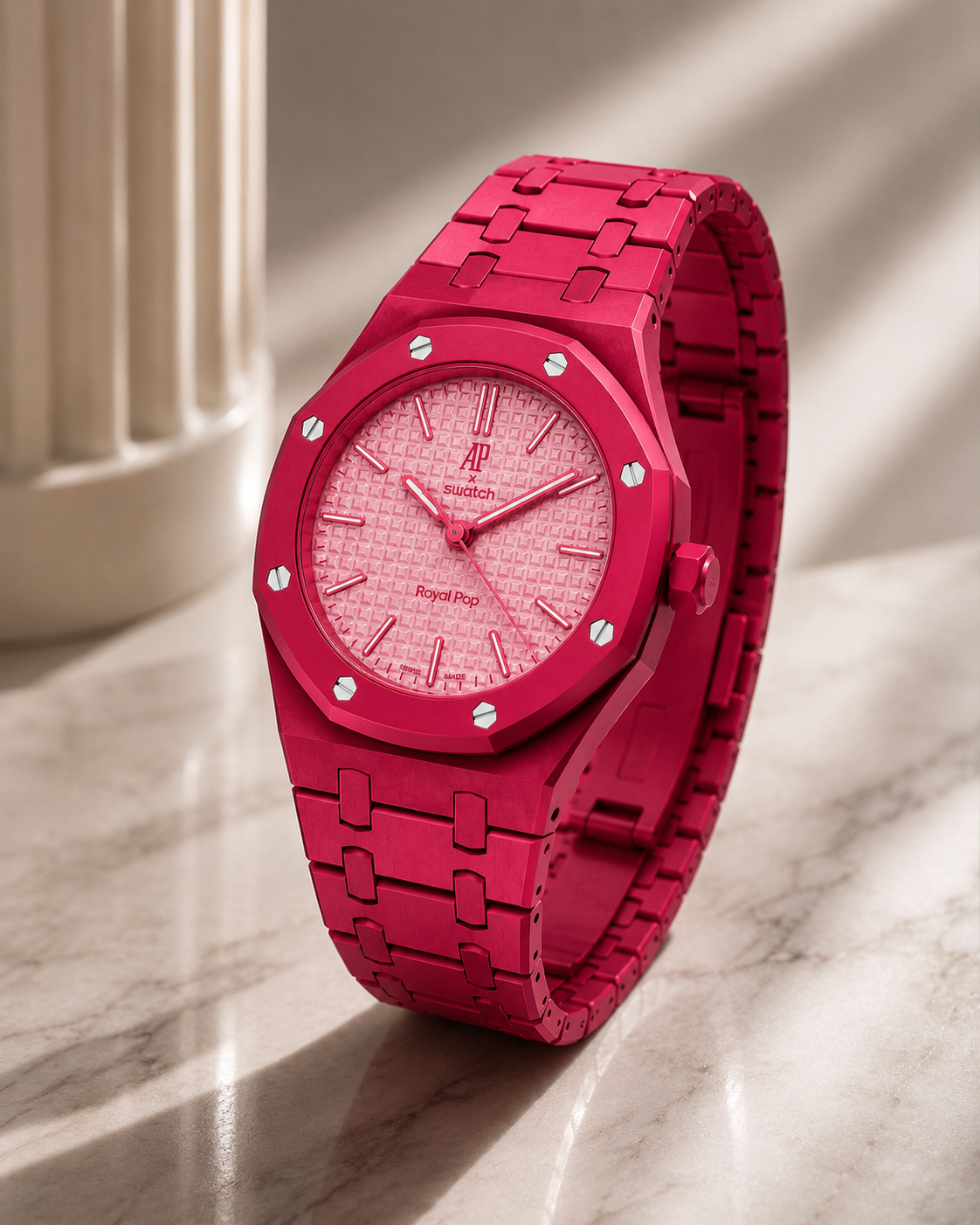Vibrant Pink Designer Bracelet Watch with Textured Pink Dial