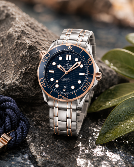 Premium Ocean Blue Diver Style Watch – Two-Tone Stainless Steel Luxury Timepiece