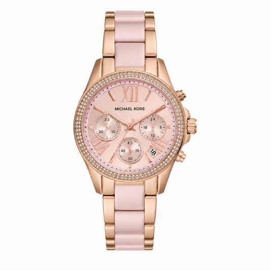 Women's Rose Gold Crystal Chronograph Watch with Blush Pink Bracelet