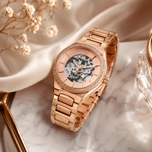 Women's Rose Gold Automatic Skeleton Watch with Crystal Bezel