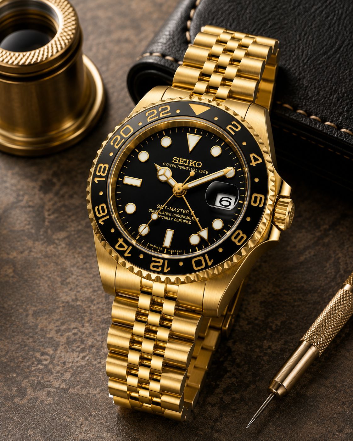 Gold-Tone GMT Style Automatic Bracelet Watch with Black Dial