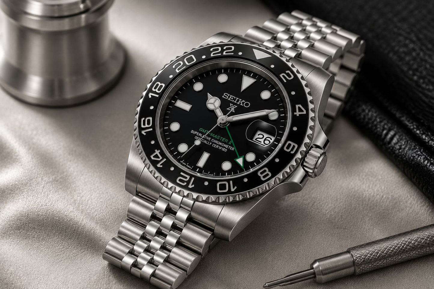 Stainless Steel GMT Style Automatic Bracelet Watch with Black Dial