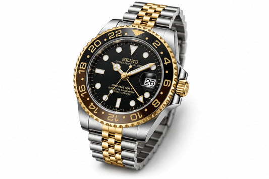 Two-Tone GMT Style Automatic Bracelet Watch with Black & Gold Bezel