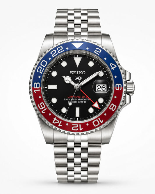 Stainless Steel GMT Style Automatic Bracelet Watch with Blue & Red Bezel