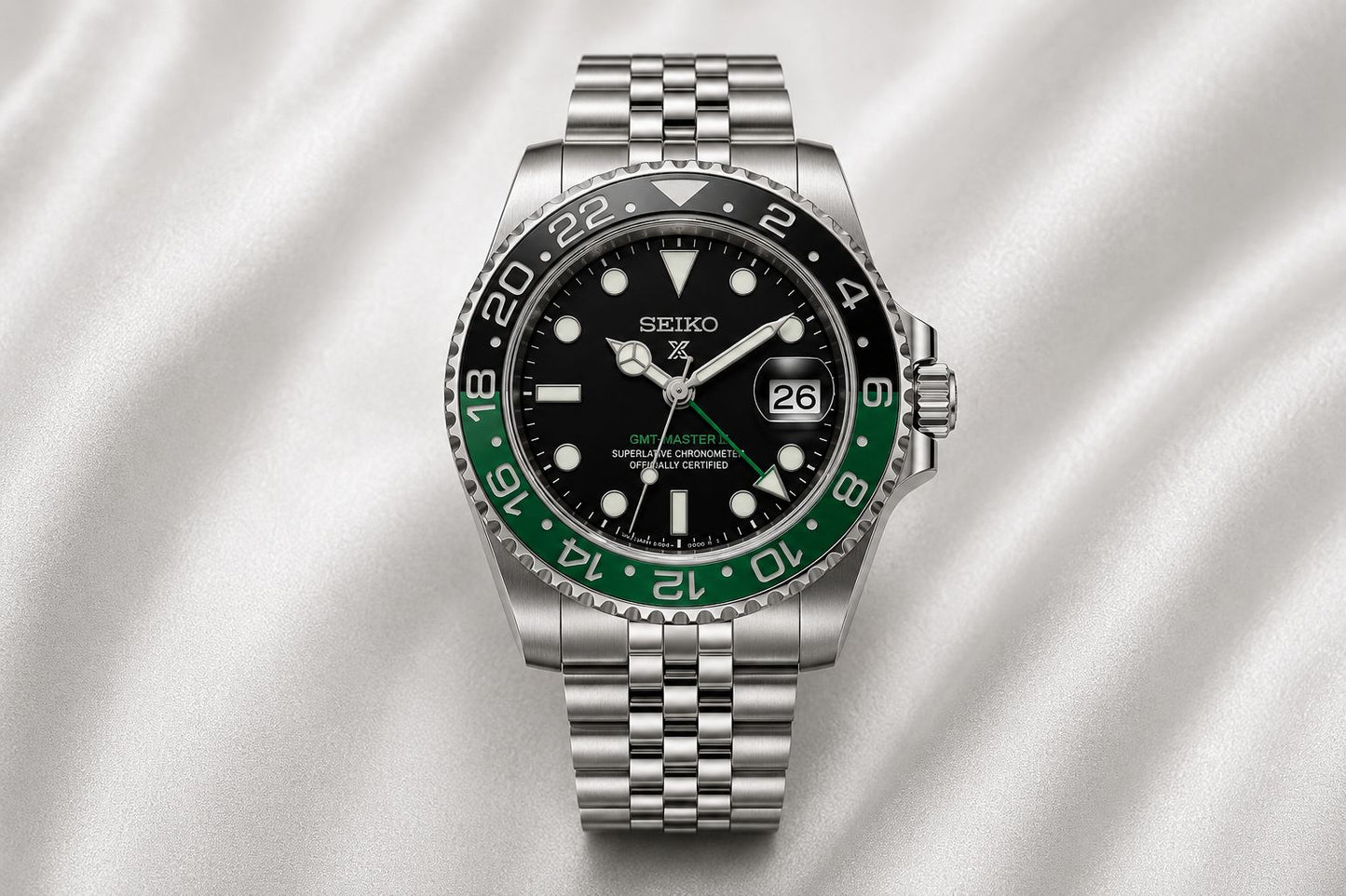Stainless Steel GMT Style Automatic Bracelet Watch with Black & Green Bezel