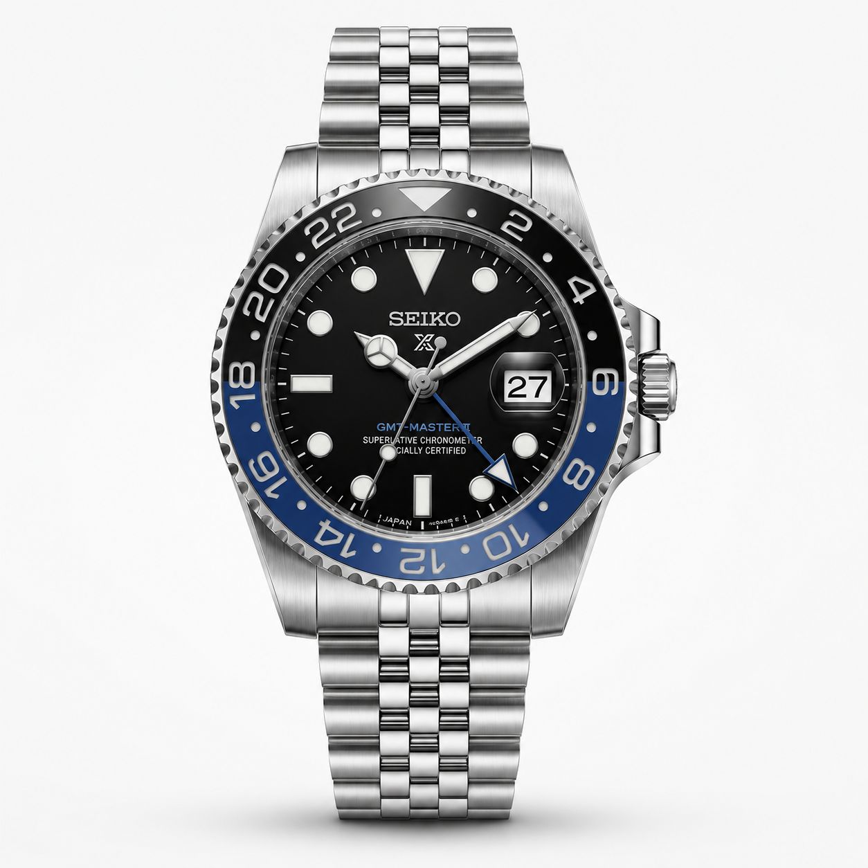Stainless Steel GMT Style Automatic Watch with Black & Blue 24-Hour Bezel