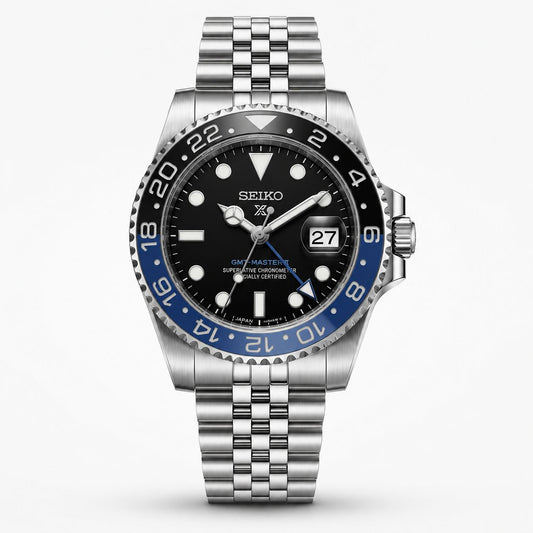 Stainless Steel GMT Style Automatic Watch with Black & Blue 24-Hour Bezel