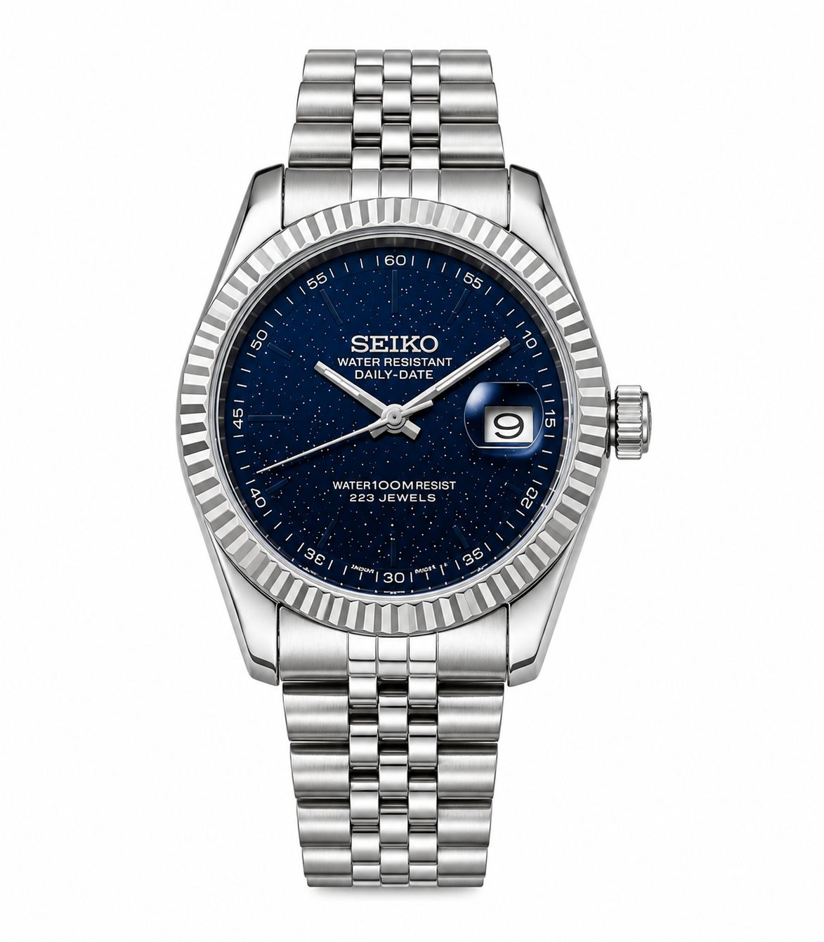 Stainless Steel Dress Watch with Deep Blue Dial & Fluted Bezel