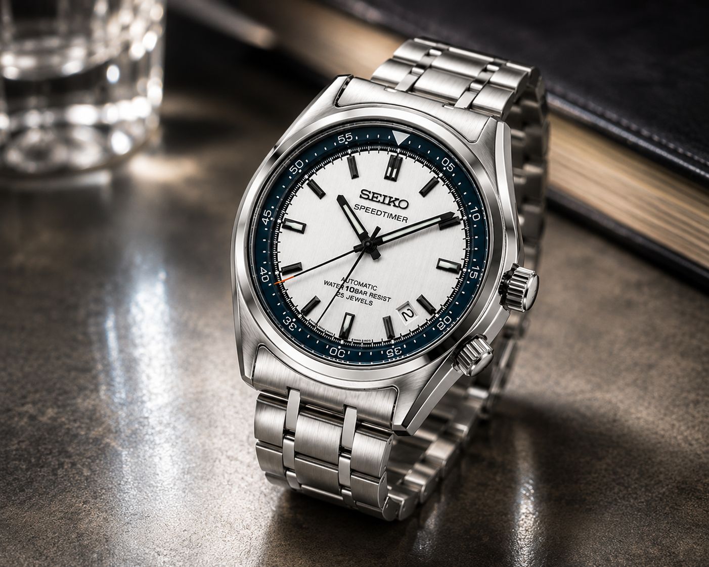 Stainless Steel Automatic Dress Watch with White Dial & Blue Chapter Ring