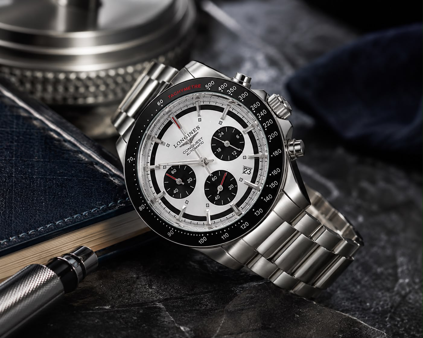 Polar Velocity Chronograph Watch – White Panda Dial & Black Tachymeter Bezel Stainless Steel Edition