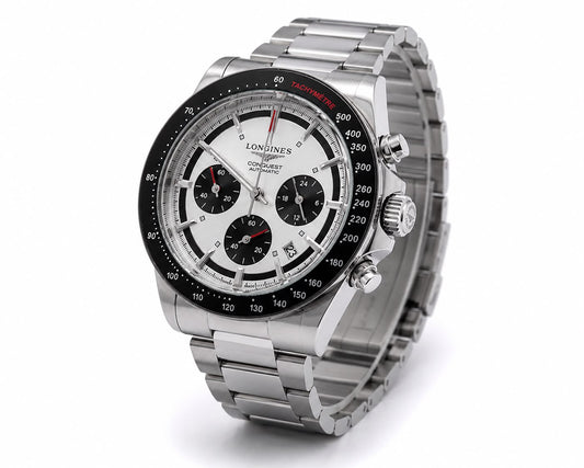 Polar Velocity Chronograph Watch – White Panda Dial & Black Tachymeter Bezel Stainless Steel Edition