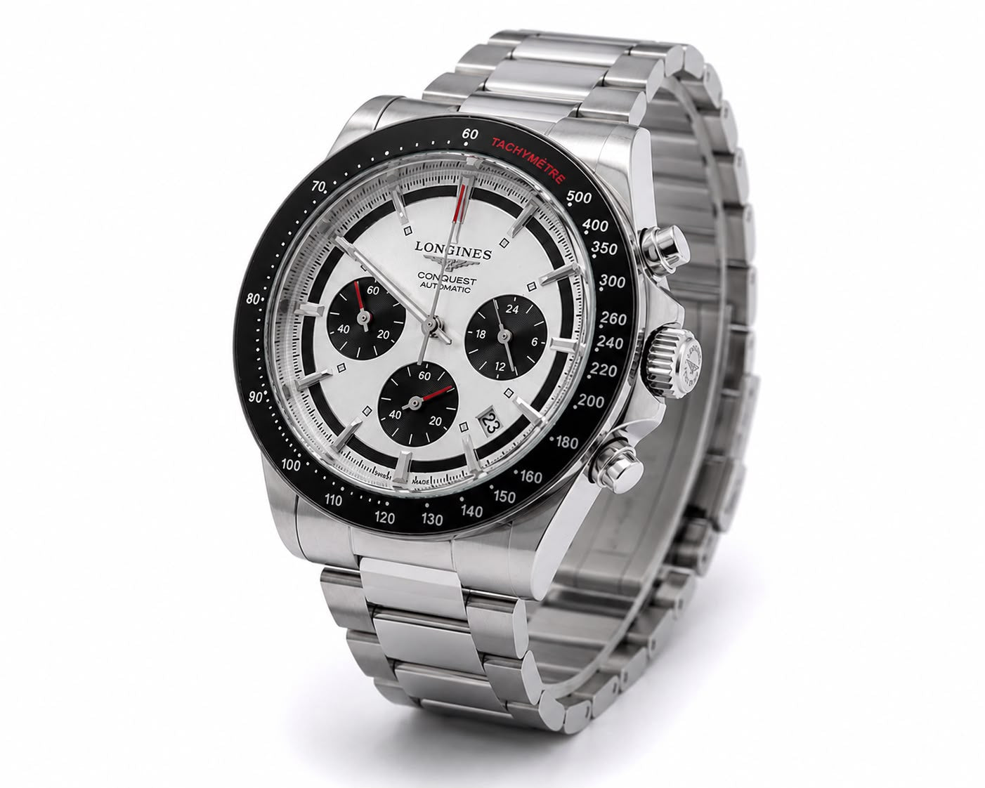 Polar Velocity Chronograph Watch – White Panda Dial & Black Tachymeter Bezel Stainless Steel Edition