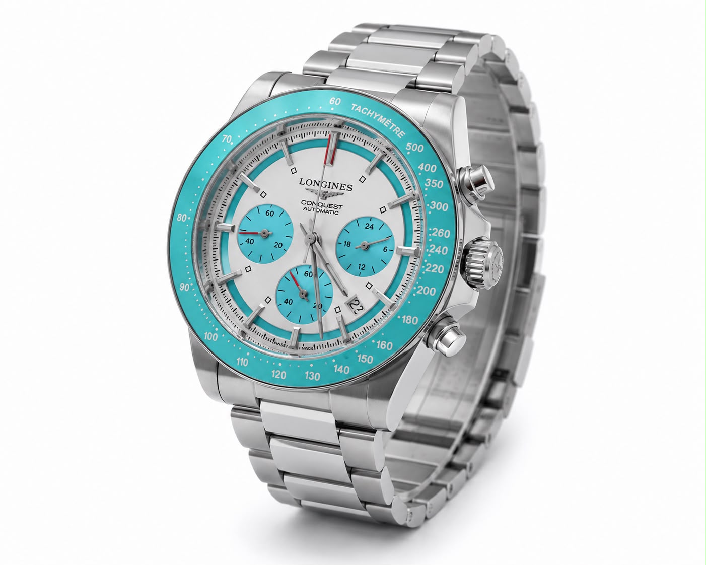 Tiffany Horizon Chronograph Watch – Ice Blue Panda Dial & Turquoise Tachymeter Bezel Steel Edition