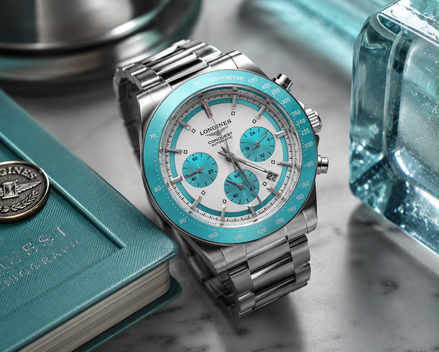Tiffany Horizon Chronograph Watch – Ice Blue Panda Dial & Turquoise Tachymeter Bezel Steel Edition