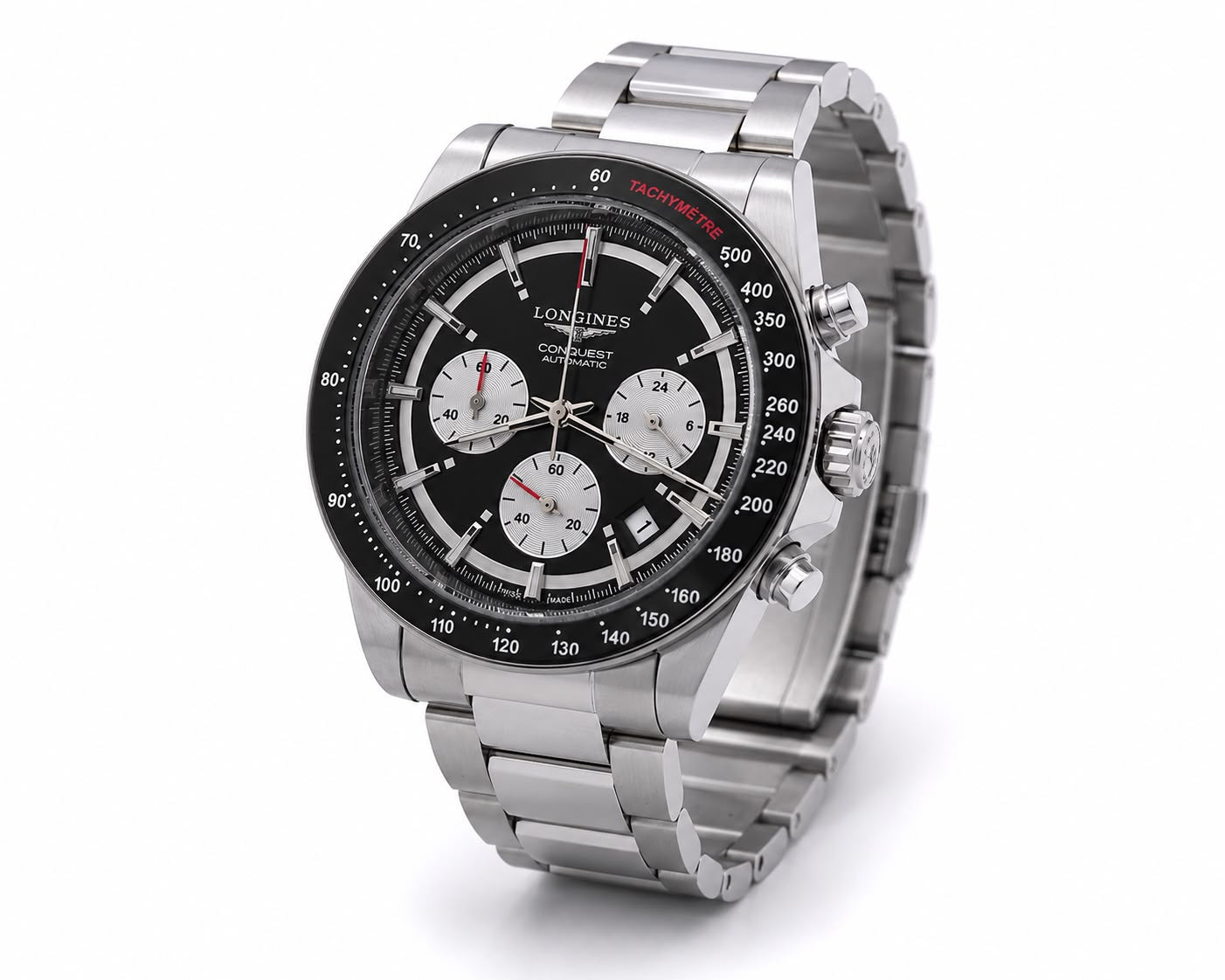 Shadow Racer Chronograph Watch – Black Panda Dial & Stainless Steel Sports Edition