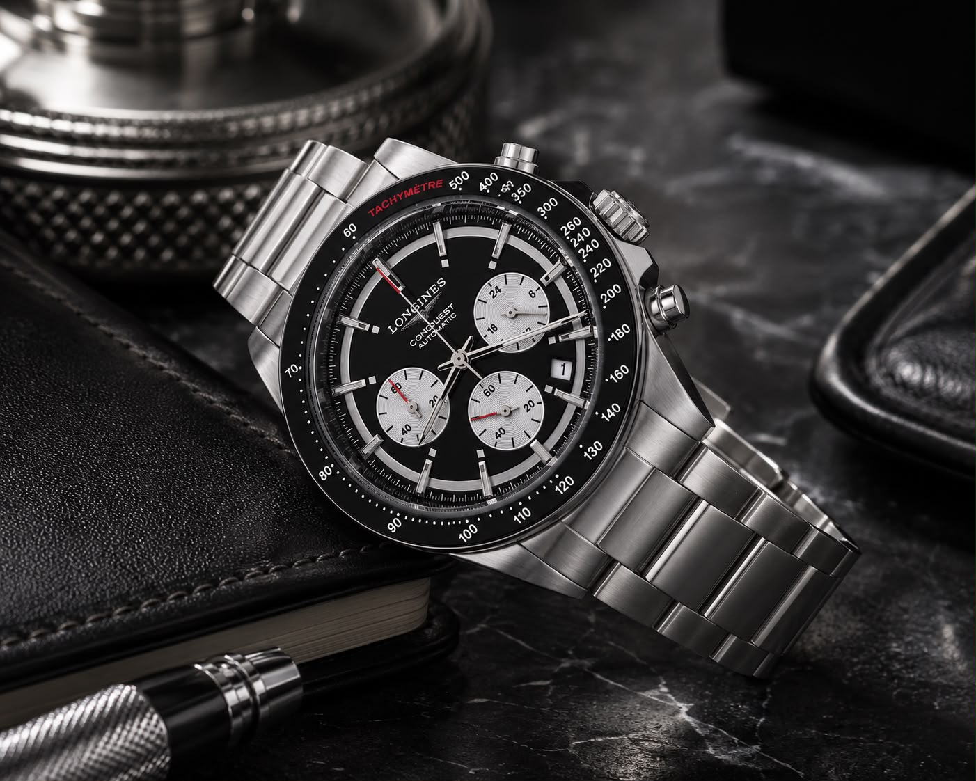 Shadow Racer Chronograph Watch – Black Panda Dial & Stainless Steel Sports Edition