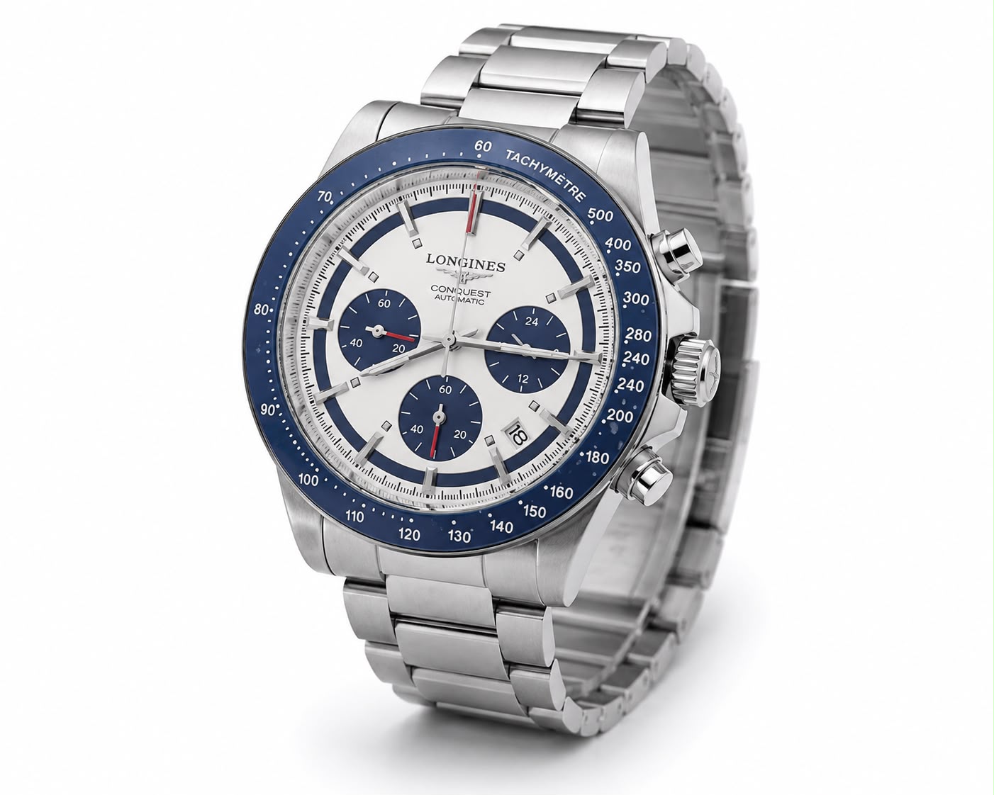 Arctic Summit Chronograph Watch – White Panda Dial & Blue Tachymeter Bezel Steel Edition
