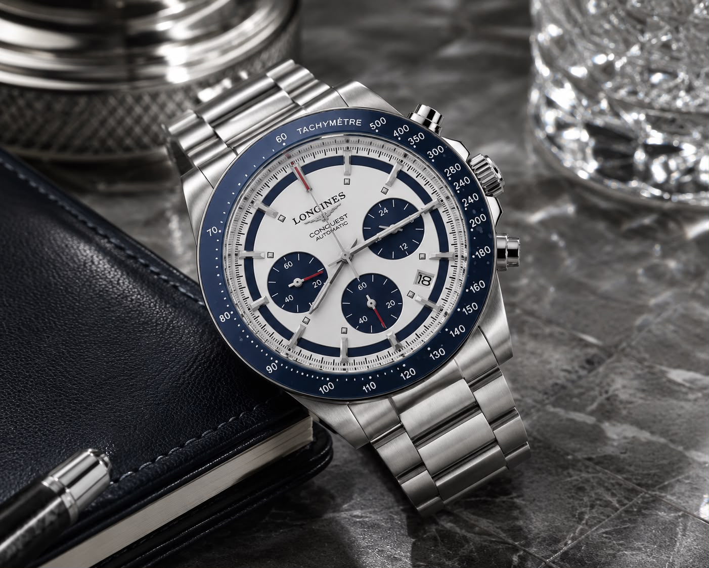 Arctic Summit Chronograph Watch – White Panda Dial & Blue Tachymeter Bezel Steel Edition