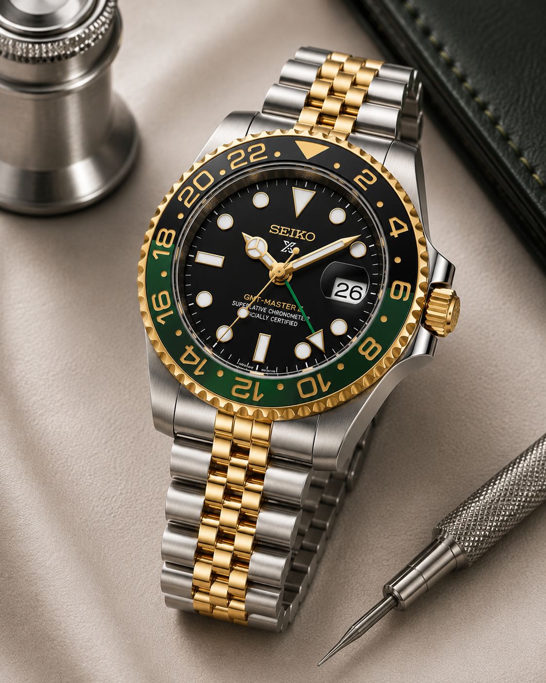 Two-Tone GMT Style Automatic Bracelet Watch with Black & Green Bezel