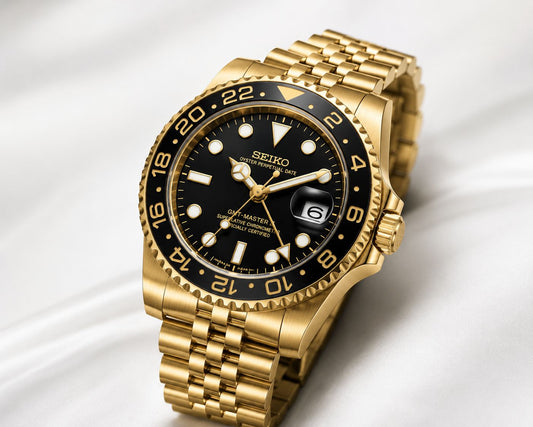 Gold-Tone GMT Style Automatic Bracelet Watch with Black Dial
