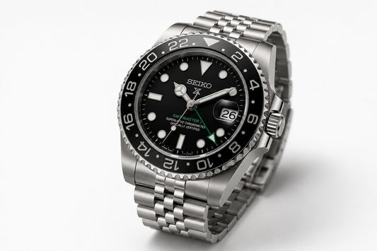Stainless Steel GMT Style Automatic Bracelet Watch with Black Dial