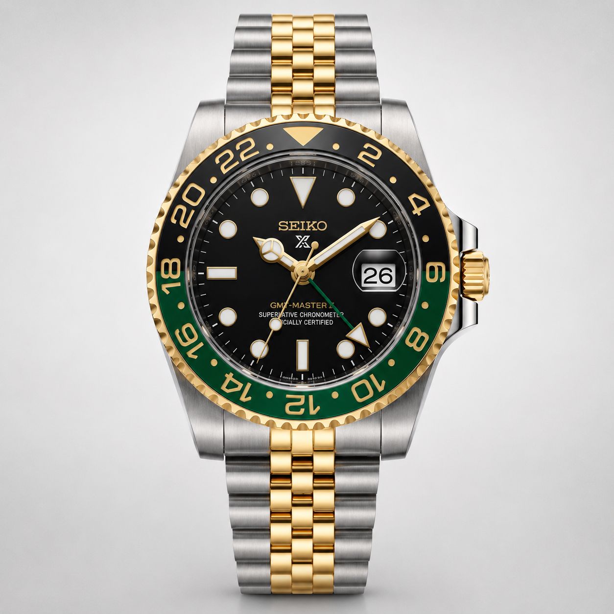 Two-Tone GMT Style Automatic Bracelet Watch with Black & Green Bezel