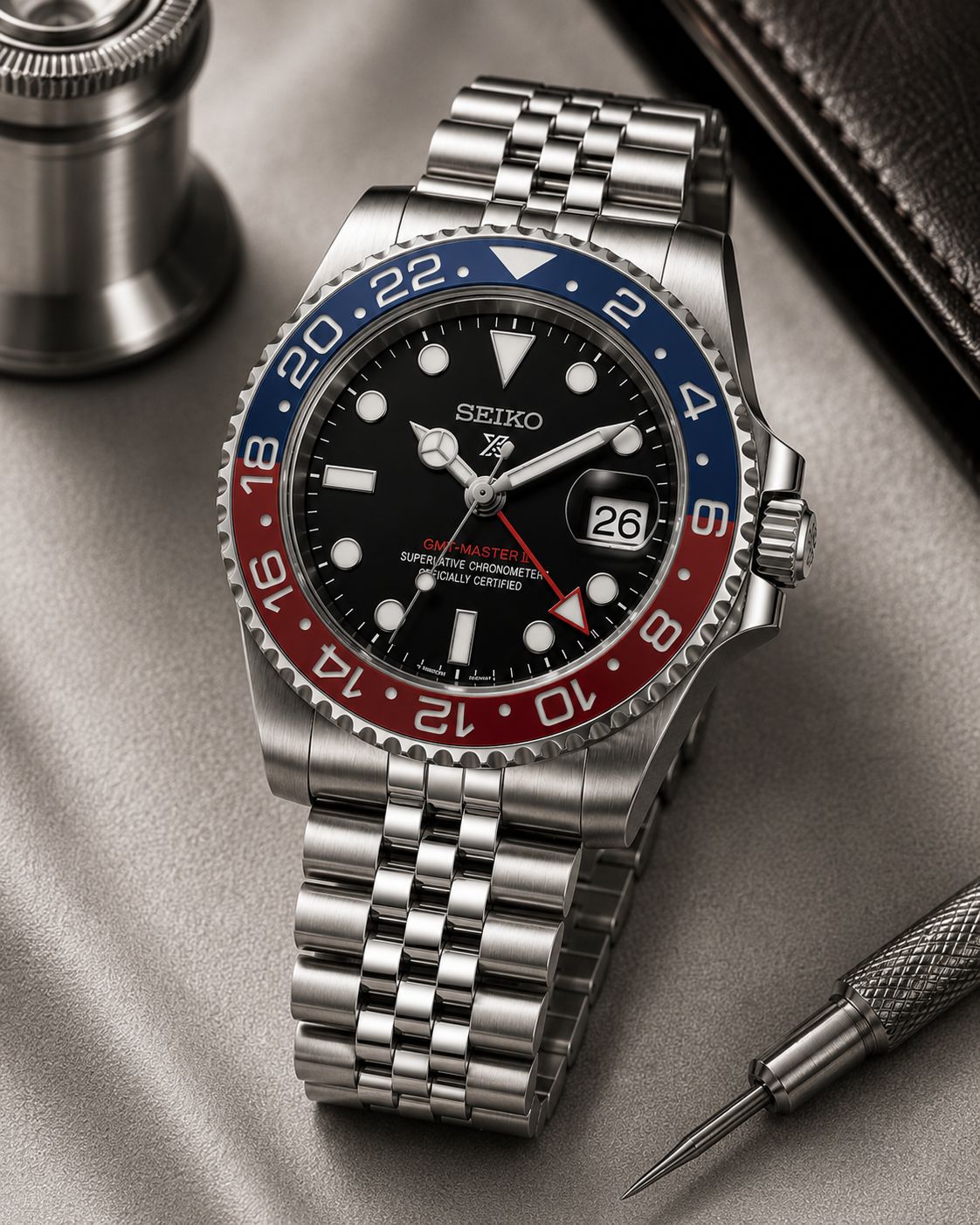 Stainless Steel GMT Style Automatic Bracelet Watch with Blue & Red Bezel