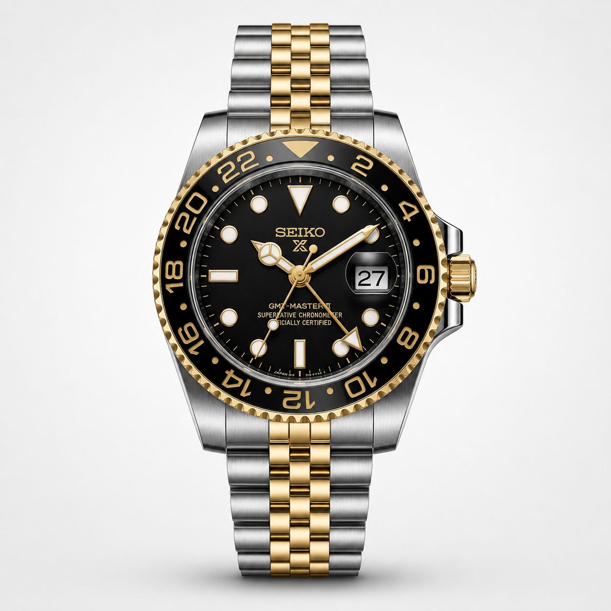 Two-Tone GMT Style Automatic Bracelet Watch with Black & Gold Bezel