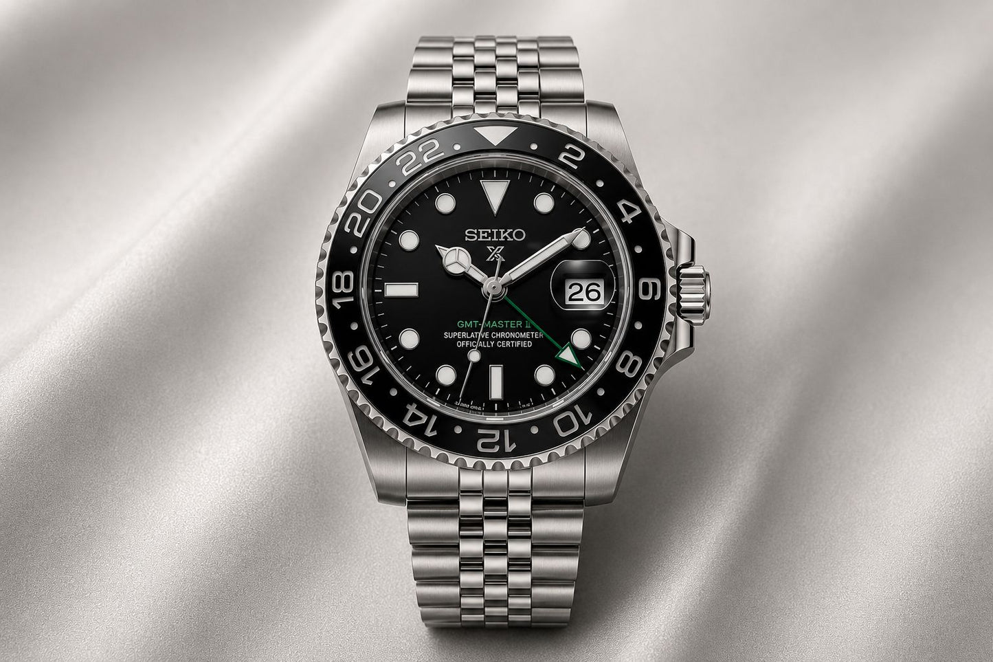 Stainless Steel GMT Style Automatic Bracelet Watch with Black Dial