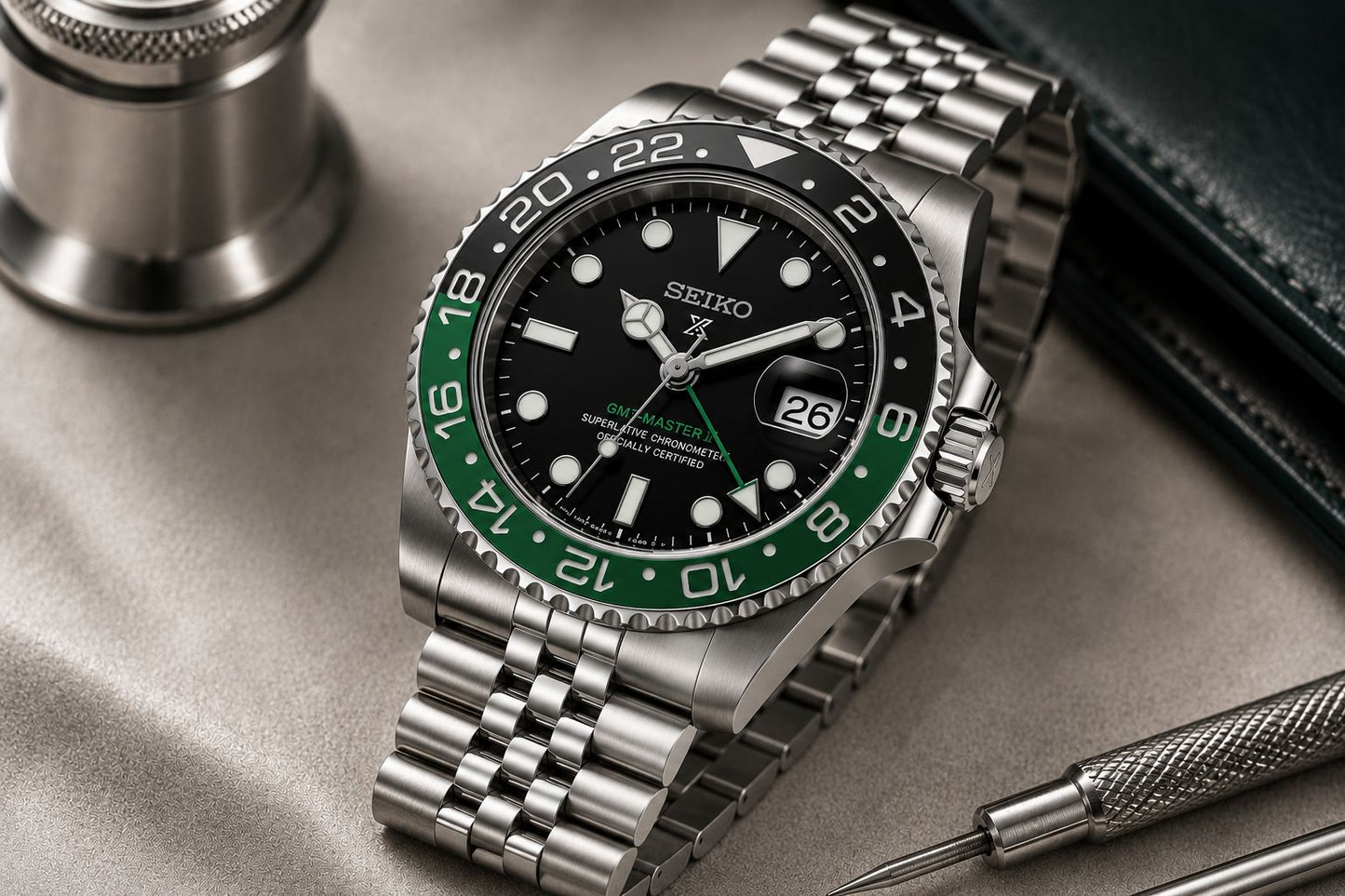 Stainless Steel GMT Style Automatic Bracelet Watch with Black & Green Bezel