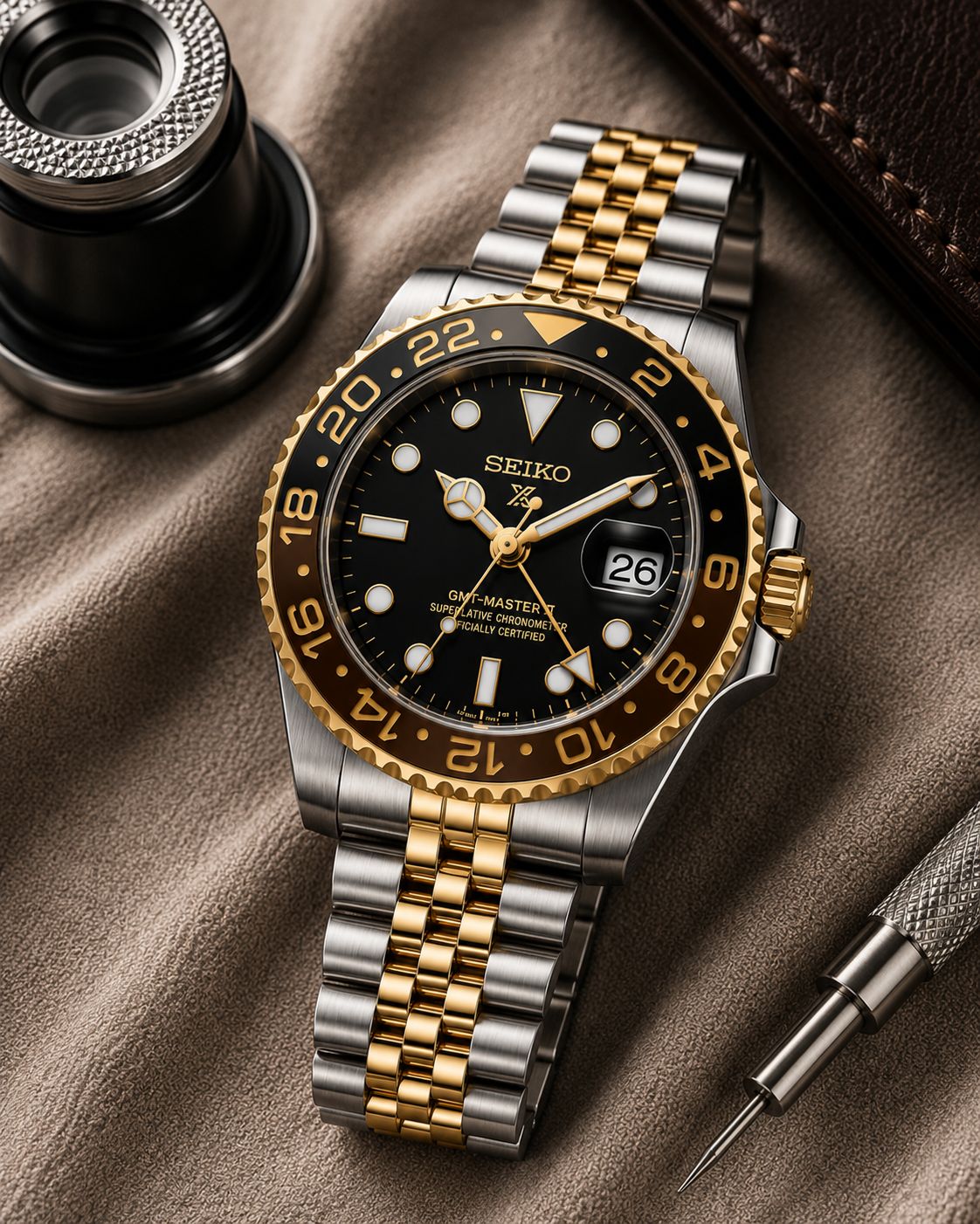 Two-Tone GMT Style Automatic Bracelet Watch with Black & Gold Bezel