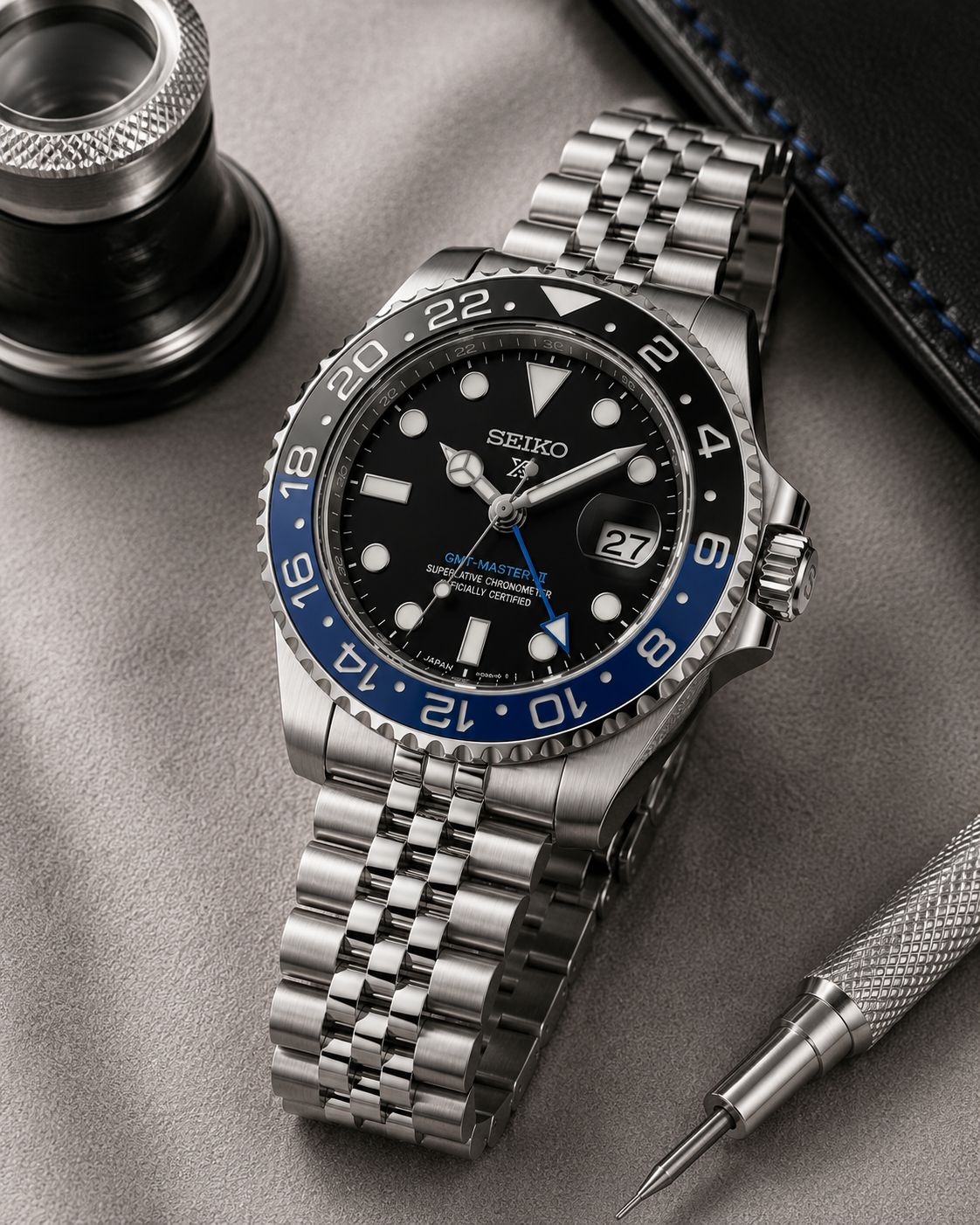 Stainless Steel GMT Style Automatic Watch with Black & Blue 24-Hour Bezel