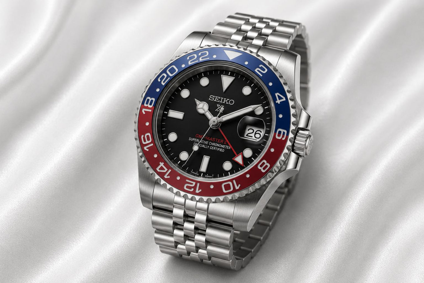 Stainless Steel GMT Style Automatic Bracelet Watch with Blue & Red Bezel