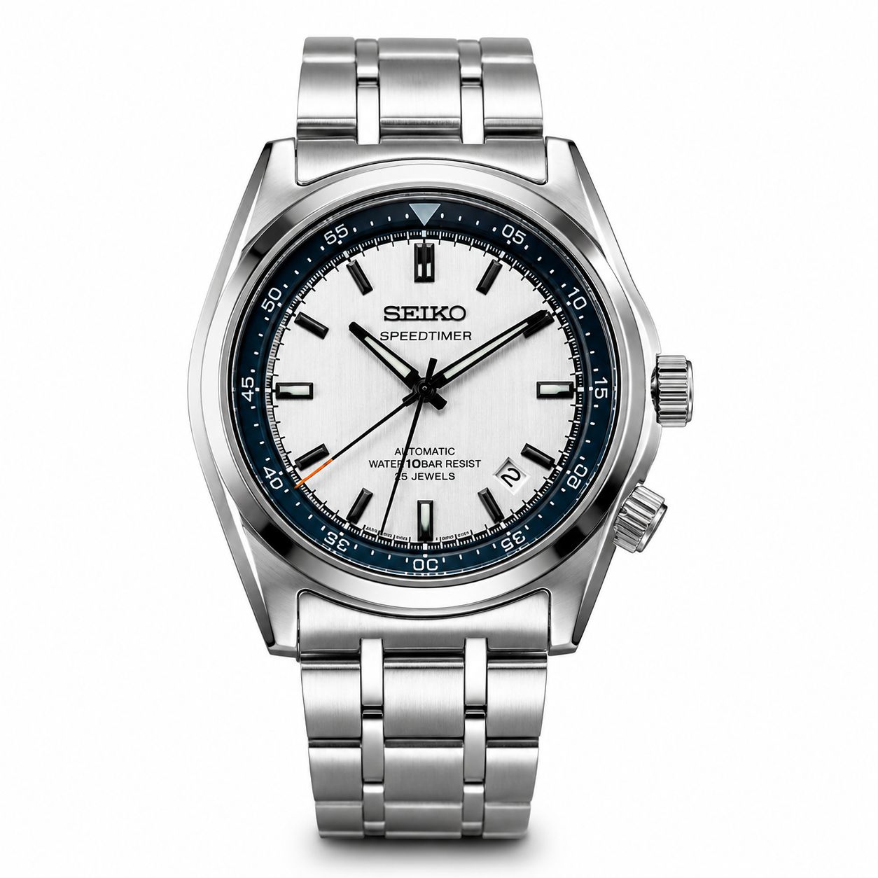 Stainless Steel Automatic Dress Watch with White Dial & Blue Chapter Ring