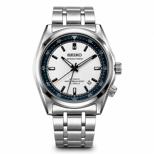 Stainless Steel Automatic Dress Watch with White Dial & Blue Chapter Ring