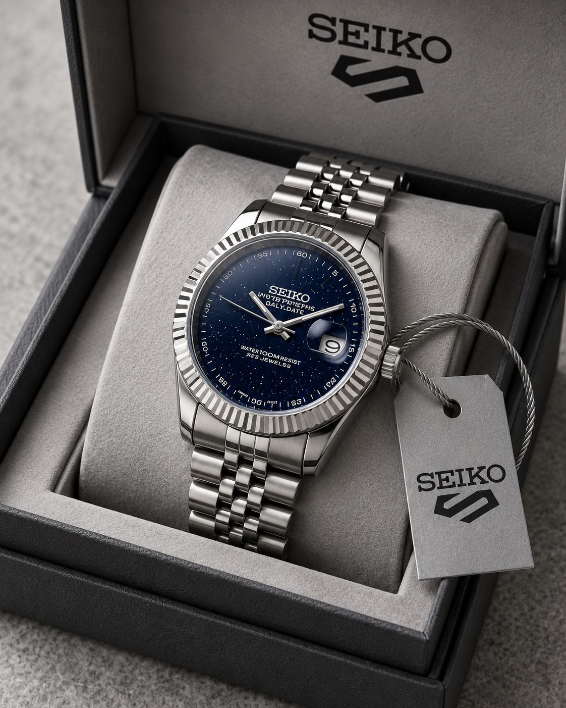 Stainless Steel Dress Watch with Deep Blue Dial & Fluted Bezel