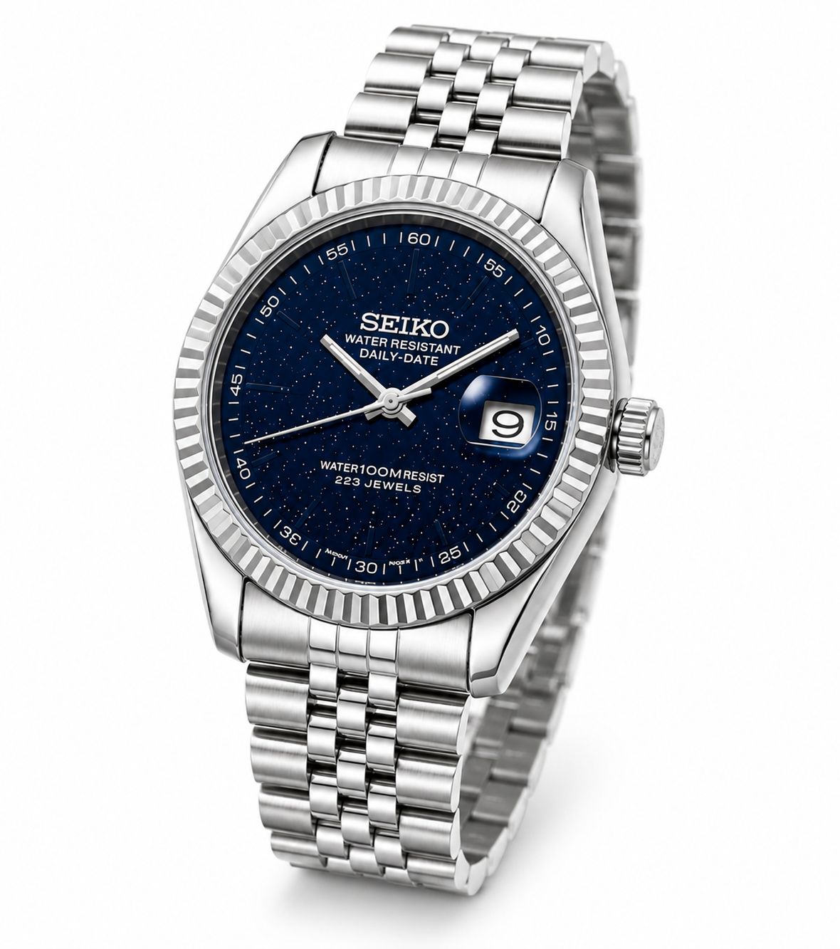 Stainless Steel Dress Watch with Deep Blue Dial & Fluted Bezel