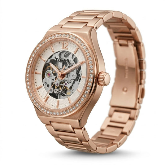 Women's Rose Gold Automatic Open-Heart Watch with Crystal Bezel
