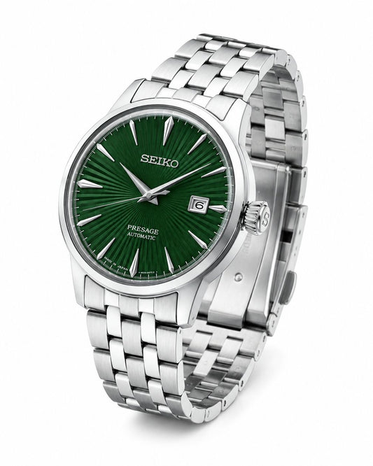 Silver Stainless Steel Automatic Watch with Emerald Green Sunburst Dial